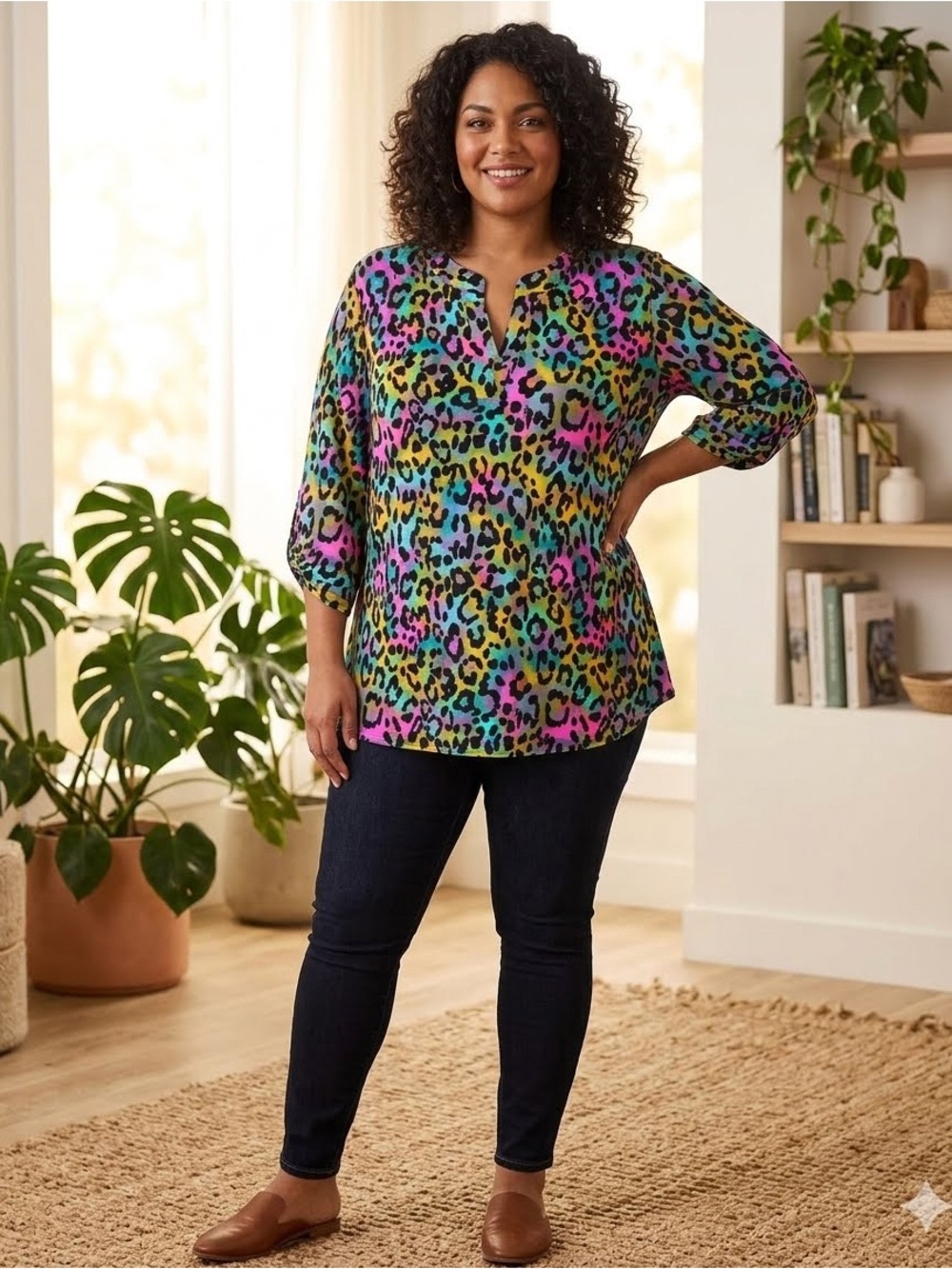 Dear Scarlett 2X Tunic Top Rainbow Leopard Print Hi-Low 3/4 Sleeve Plus Size